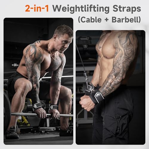 Weight Lifting Straps with D Rings for Cable Machine Workout - Black & White, L (6.3-8.3 Inch)