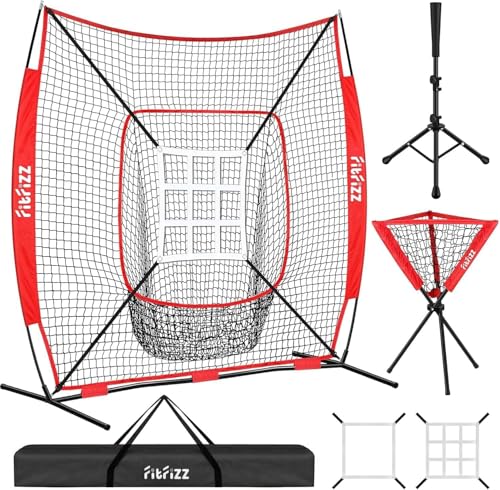 FITFIZZ 7x7 ft Baseball Hitting & Pitching Net Set with Strike Zone, Caddy & Training Equipment