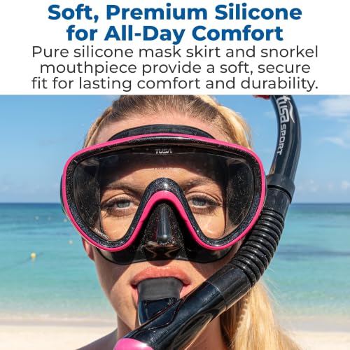 Adult Snorkel Mask and Dry Snorkel Combo with Reusable Travel Bag - Black & Hot Pink