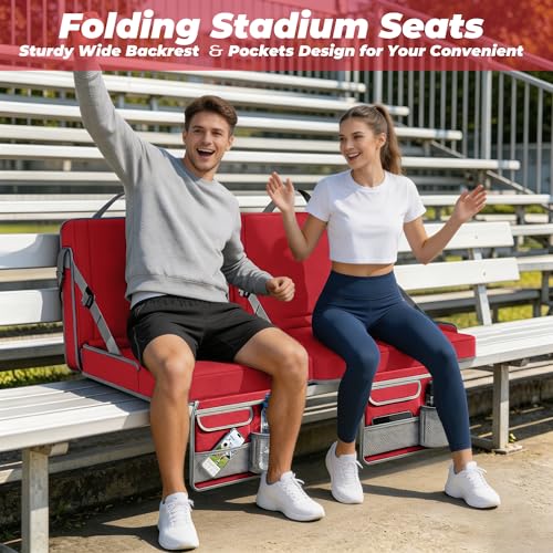 Extra Large Stadium Seat with Back Support, Padded Cushion & Multi-Pocket Storage - Red & Grey Portable Folding Bleacher Chair for Sports & Camping