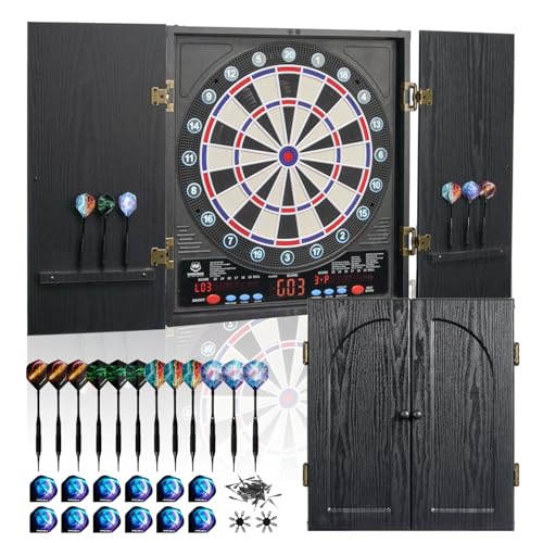 WIN.MAX Black Electronic Dart Board with Cabinet Set, 8-Player Color Light & Auto Scoring