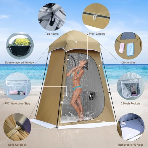 Castle Unicorn Khaki Camping Shower Tent 7.9 FT Extra Tall Privacy Shelter with Floor