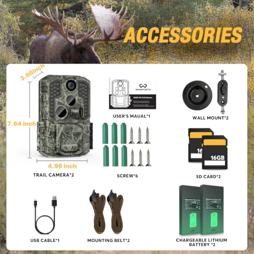 WOSPORTS Dark Green 56MP 4K Trail Camera - Rechargeable, No Glow Night Vision, 120° Wide Lens, 2-Pack