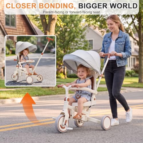 AOPEC 7-in-1 Foldable Toddler Tricycle Beige, Growth-Oriented Kids Bike 18 Months to 5 Years