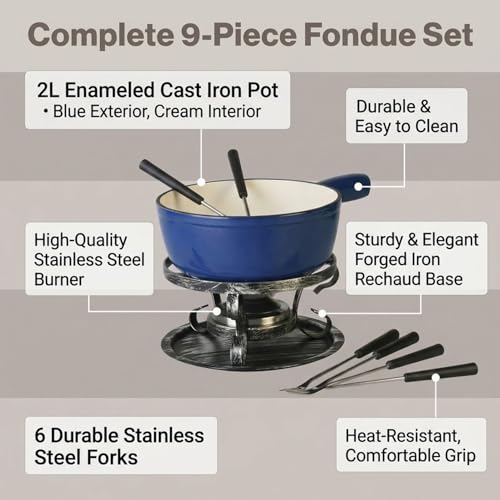 Artestia Blue Cast Iron Cheese Fondue Pot Set - 2.1 Qt 10-Piece