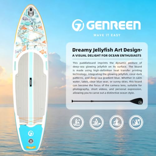 GENREEN 10'6" Inflatable Stand Up Paddle Board Blue Jellyfish - Beginner & Stable
