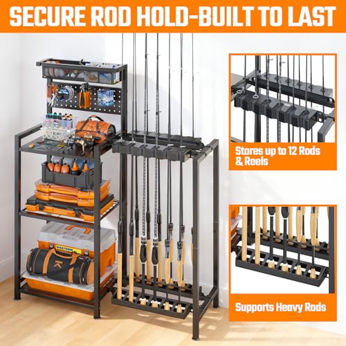 Freexployer Black Fishing Rod Holders for Garage with 3-Tier Shelves & Storage