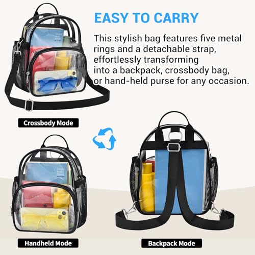 Mini Clear Convertible Backpack - Black for Concerts, Small 2-in-1 Bag