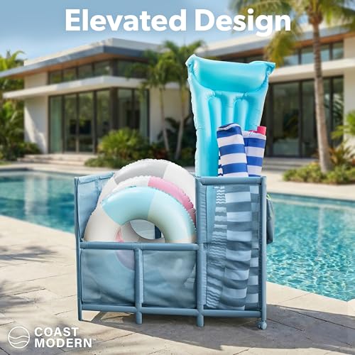 Pool Storage Bin with Locking Wheels - Large Mesh Pool Organizer for Floats and Toys - Stone Blue