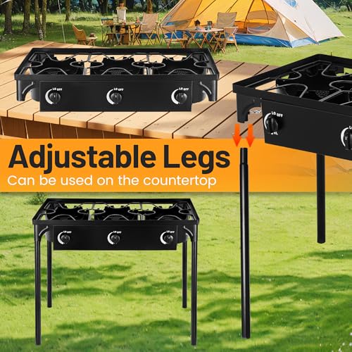 FSUON 3-Burner Outdoor Camping Stove 225000 BTU, Detachable Legs, Adjustable Heat, New Model