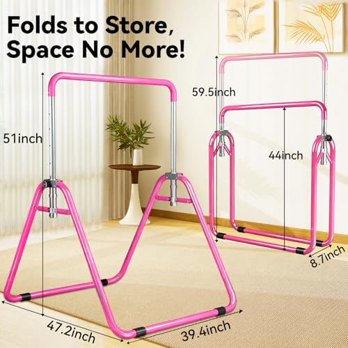 WATBKHE Pink Kids Gymnastics Bar - Adjustable, Foldable Indoor Gym Equipment