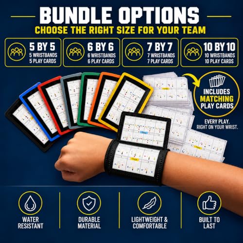 WBI Flag Football Wristbands with Plays - 7 Pack Youth Coach & Quarterback Wrist Coach Cards