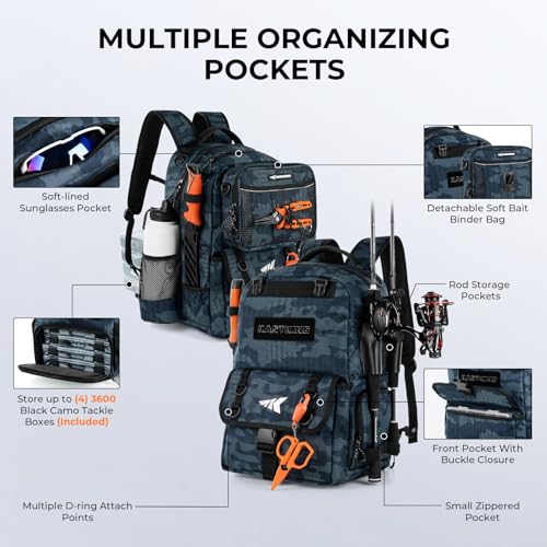 KastKing BaitSpace 50L Fishing Backpack with 4 Tackle Boxes & Rod Holders, Blue Camo