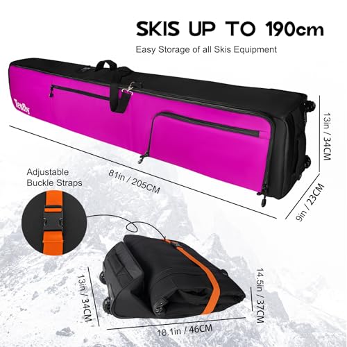Purple Ski Bag for Air Travel, Waterproof & Padded Fits 2 Pairs Skis - 190cm