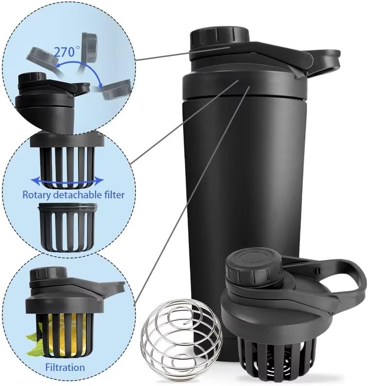 ProActive 28oz Stainless Steel Shaker - Insulated Gym Bottle with Mixing Ball & Tea Infuser | Leakproof, BPA-Free, Black