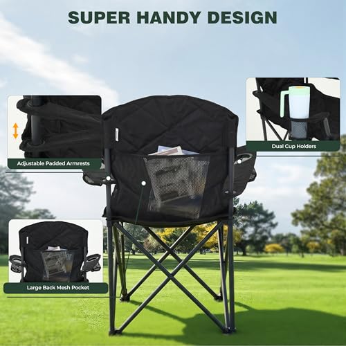 SUNNYFEEL Carbon Black XXL Oversized Camping Chair 800LBS Heavy Duty Folding Lawn Seat with Armrest & Cup Holder