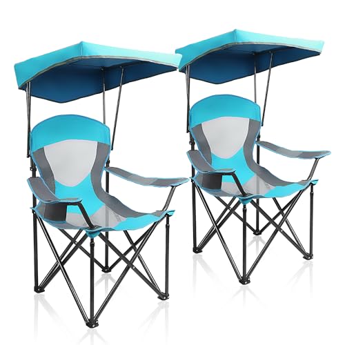 Alpha Camp Enamel Blue Heavy Duty Camping Chair with Adjustable Sunshade 2 Pack