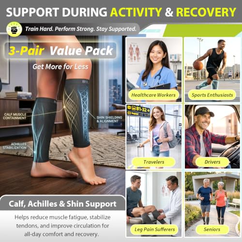 Calf Compression Sleeves for Running & Swelling Relief - Black Small-Medium - 3 Pairs