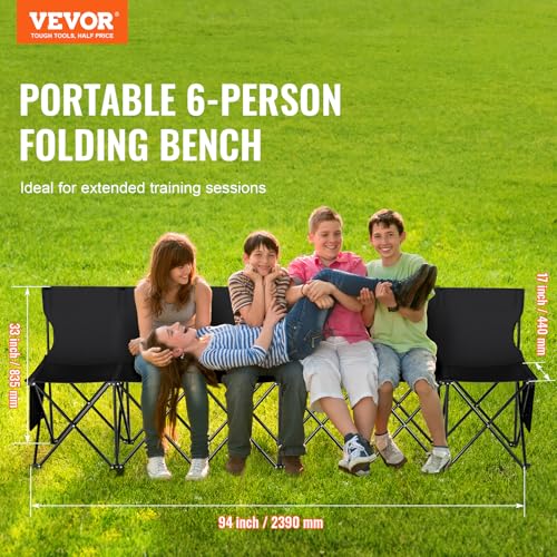 VEVOR Black 6-Seat Portable Folding Sports Bench with Backrest & Carry Bag