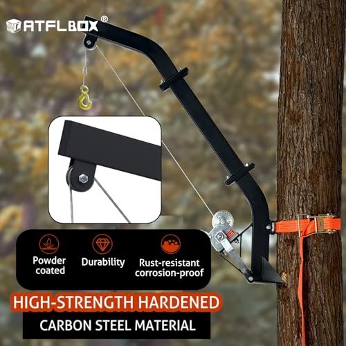 Atflbox Tree-Mounted Game Hoist with Winch & Ratchet Strap — Heavy-Duty Hunting Lifter up to 500 lbs