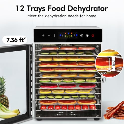 12-Tray Food Dehydrator with Digital Control, 1000W, Quiet Stainless Steel