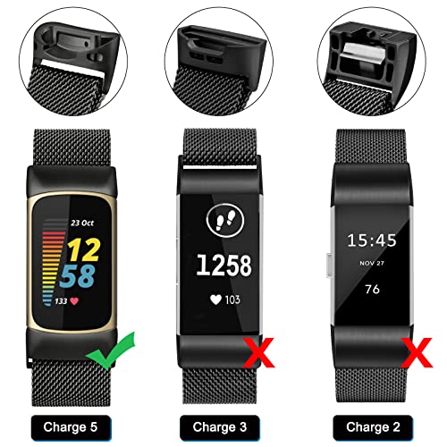 Black Metal Fitbit Charge 6 Band with Mesh Loop Magnetic Clasp - Women Men