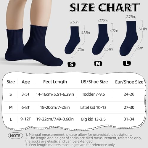 Kids Socks Boys Girls Athletic Crew Socks Seamless Toe Cotton 6 Pairs - Medium Navy
