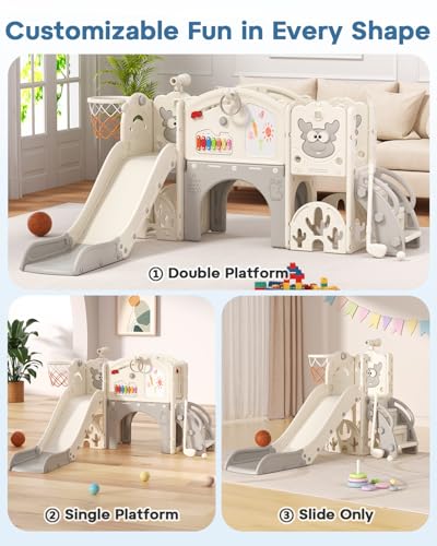 BIERUM Toddler Slide Set 13-in-1 Playground for Ages 1-3 Cream & Gray
