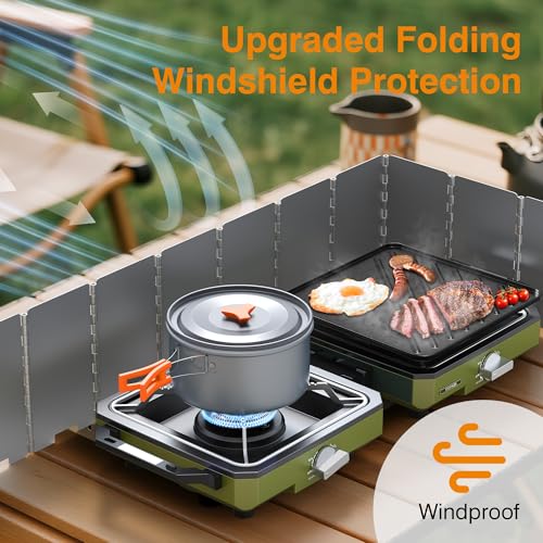 ODSD Green 2 Burner Camping Stove with Windshield & Accessories, Portable Propane Gas Cooker