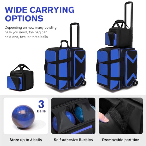 Blue 2+1 Ball Bowling Roller Bag with Wheels & Shoe Compartment - Fits Men & Women