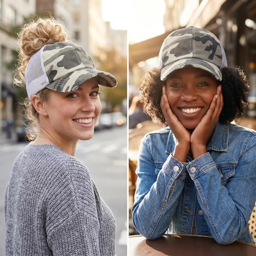 Grey Camo Fabric Women's Ponytail Messy Bun Hat - Unconstructed Distressed Baseball Cap - Variation 0002