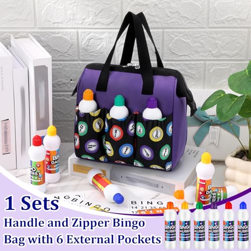 Bingo Bag with 6 Pockets and 2.2 oz Daubers - Purple - 1 Set