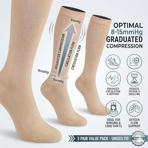 Compression Socks for Men & Women 8-15mmHg Knee-High Support – 3 Pairs, Large X-Large, Beige