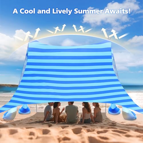 Blue Striped 10x10 FT Beach Tent Sun Shelter with UPF 50+ UV Protection
