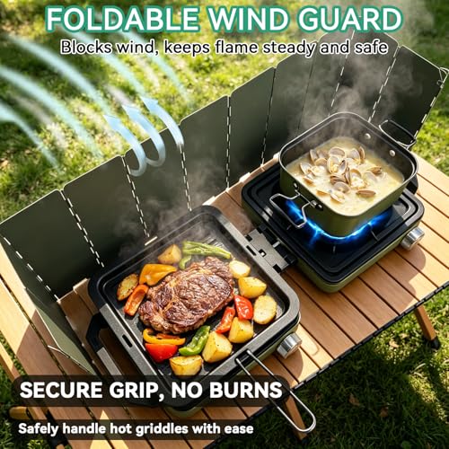 Green 2 Burner Portable Propane Camping Stove Kit with Frying Pan & Pot - Foldable Hiking Cookware Set
