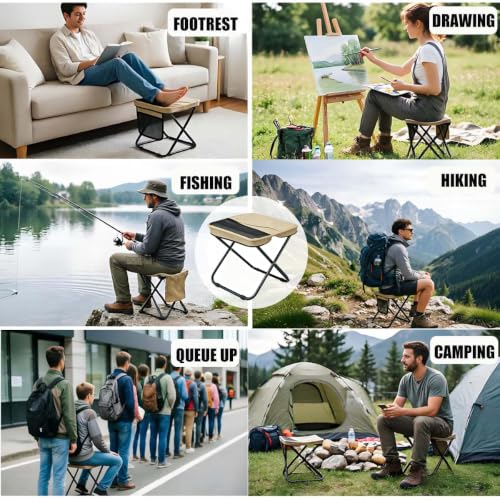 Khaki Portable Folding Camping Stool with Side Pocket - Lightweight, Supports 300 lbs