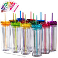 24 Pack of Reusable 16oz Skinny Acrylic Tumblers with Lids & Straws - Colorful Cold Drink Cups with Free Straw Cleaner