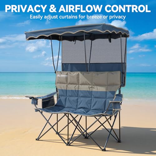 Double Camping Chair with Canopy - Blue, Supports 450LBS, Portable & Comfortable