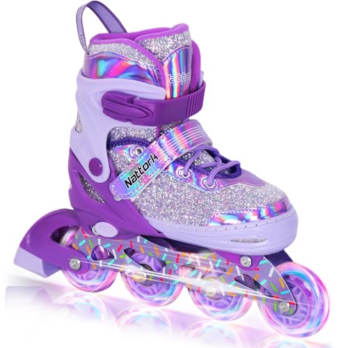 Nattork Adjustable Inline Skates for Girls - Dream Purple, Light Up Wheels, Size 1-4