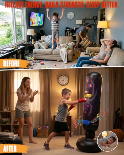Aywewii Kids Punching Bag Set Black with Music & Light, 4 Game Modes