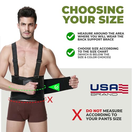 Back Support Belt with Suspenders - Medium, Black, Lumbar Brace for Heavy Lifting