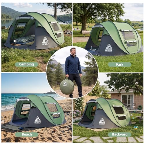 HEWOLF 4-Person Pop Up Camping Tent - Instant Waterproof Family Tent, Easy Setup, Mosquito Mesh, Green