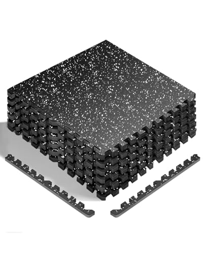 Interlocking Gym Floor Tiles - 6 Black Rubber & EVA Foam Exercise Mats, 24 Sq Ft