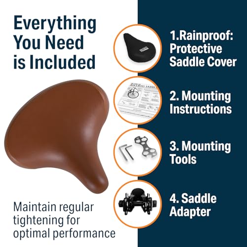 Wide Cruiser Bicycle Saddle with Memory Foam - Faux Leather Vintage Brown