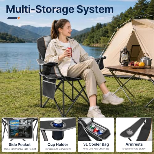 Suteck 2-Pack Heavy Duty Folding Camping Chairs Oversized Black - Portable, Sturdy, with Cooler