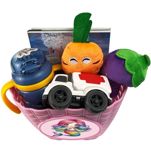 Girls Pink Bike Basket with Mermaid Pattern - Kids Bicycle Handlebar Storage