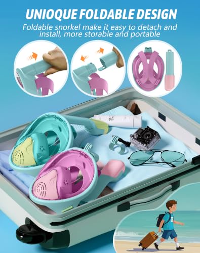 Kids Full Face Snorkel Mask Set 2 Pack - Blue Yellow & Pink Cyan, Anti-Leak, 180° View