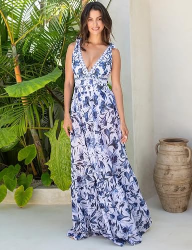 Blue and White V Neck Lace Up One Piece Swimsuit with Skirt - Medium