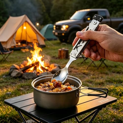 5-in-1 Camping Utensils Set with Pouch - Folding Fork Knife Spoon