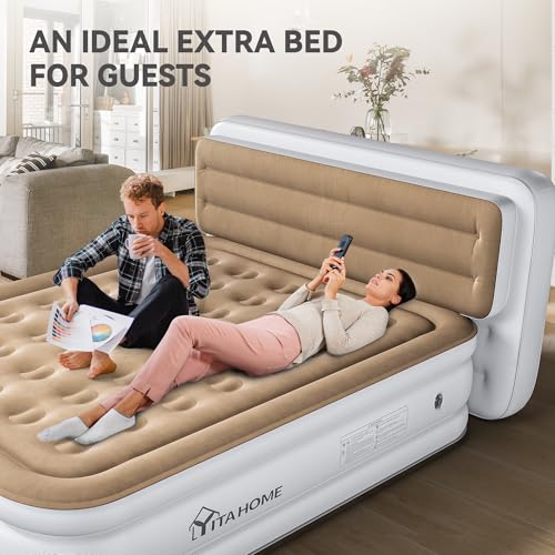 Queen Size Air Mattress with Pump & Banded Headboard - White & Brown, 18in Luxury Flocked Top, Inflatable Bed for Home & Guests